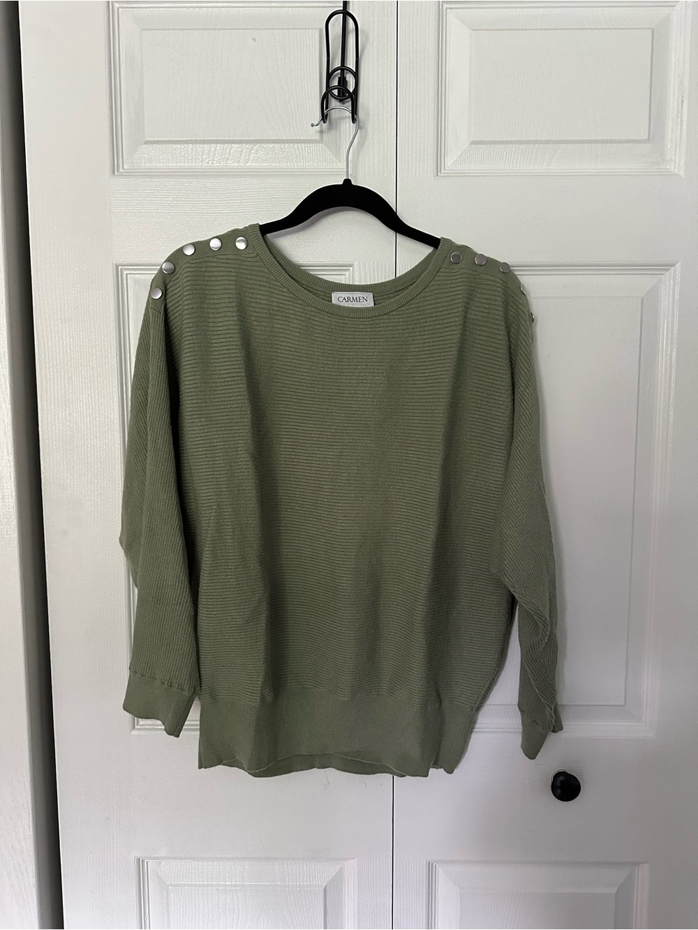 Carmen Marc Valvo Olive Green Crewneck Sweater with Shoulder Buttons